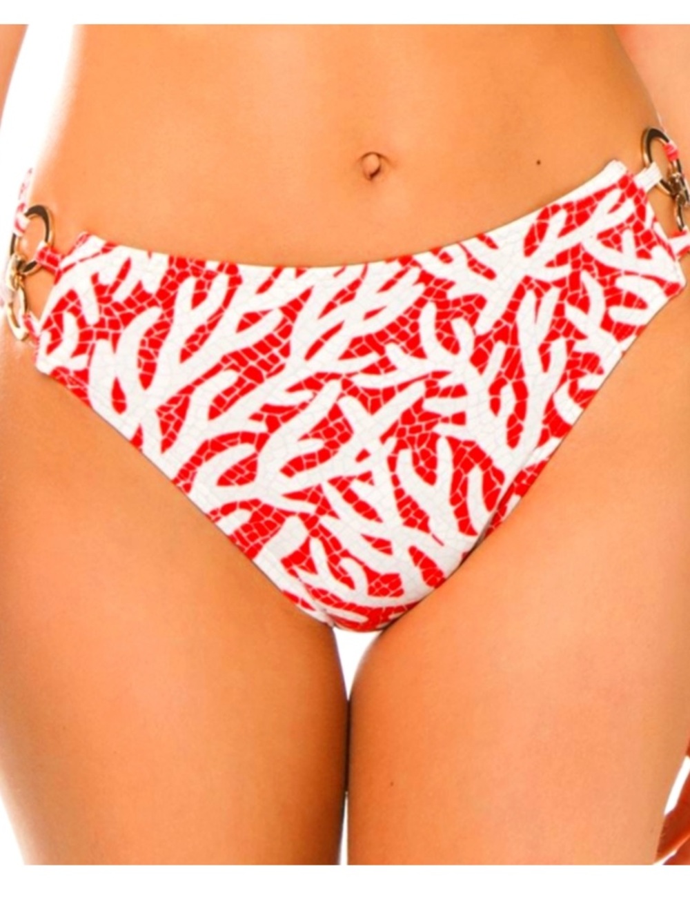 Michael Kors Red & White Coral-Print Bikini Bottom with Gold Rings